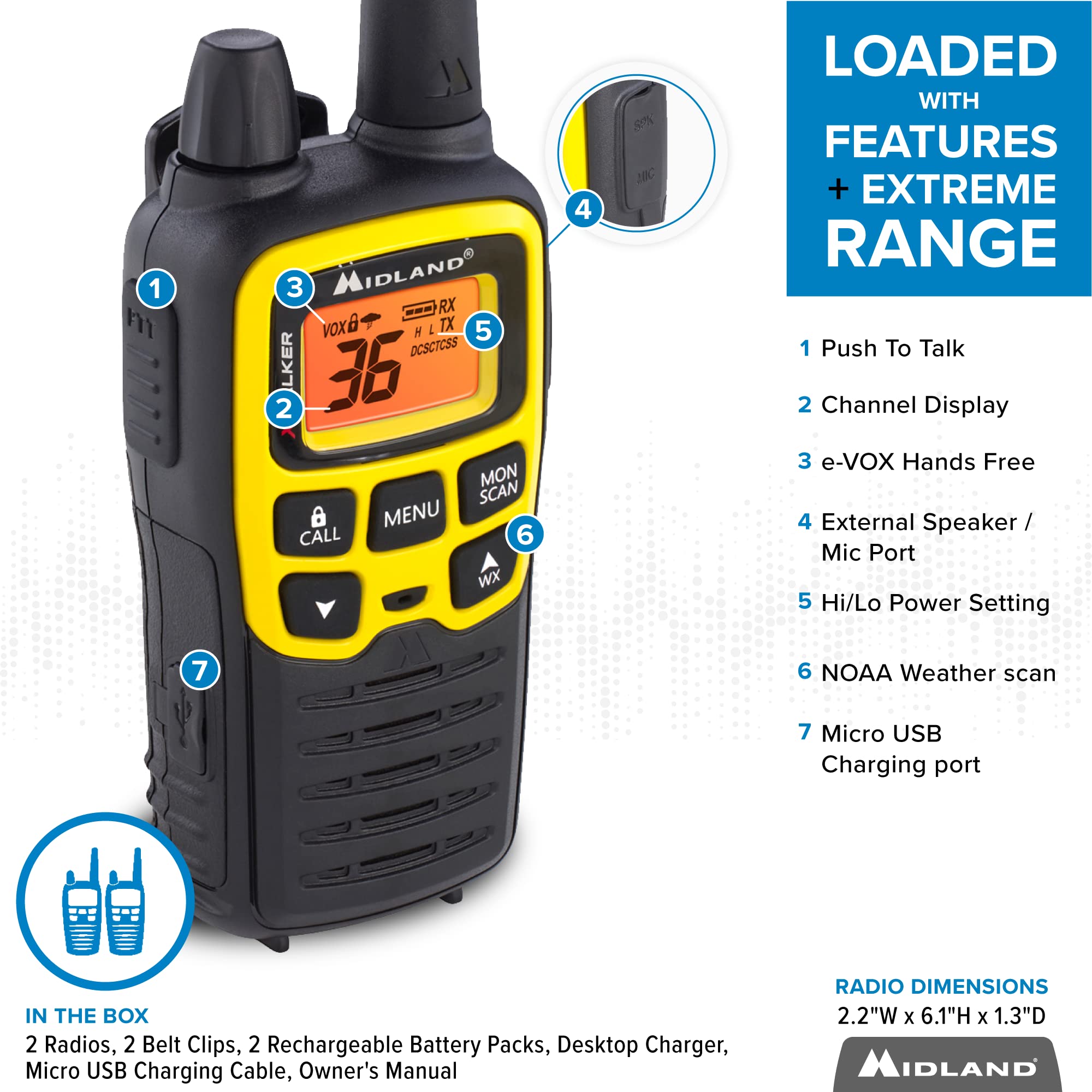 Midland�   T61Vp3 X Talker   Two Way Radio   36 Channel Frs  Long Range Walkie Talkie, 121 Privacy Codes, & Noaa Weather Scan & Alert Black/Yellow, 2 Pack